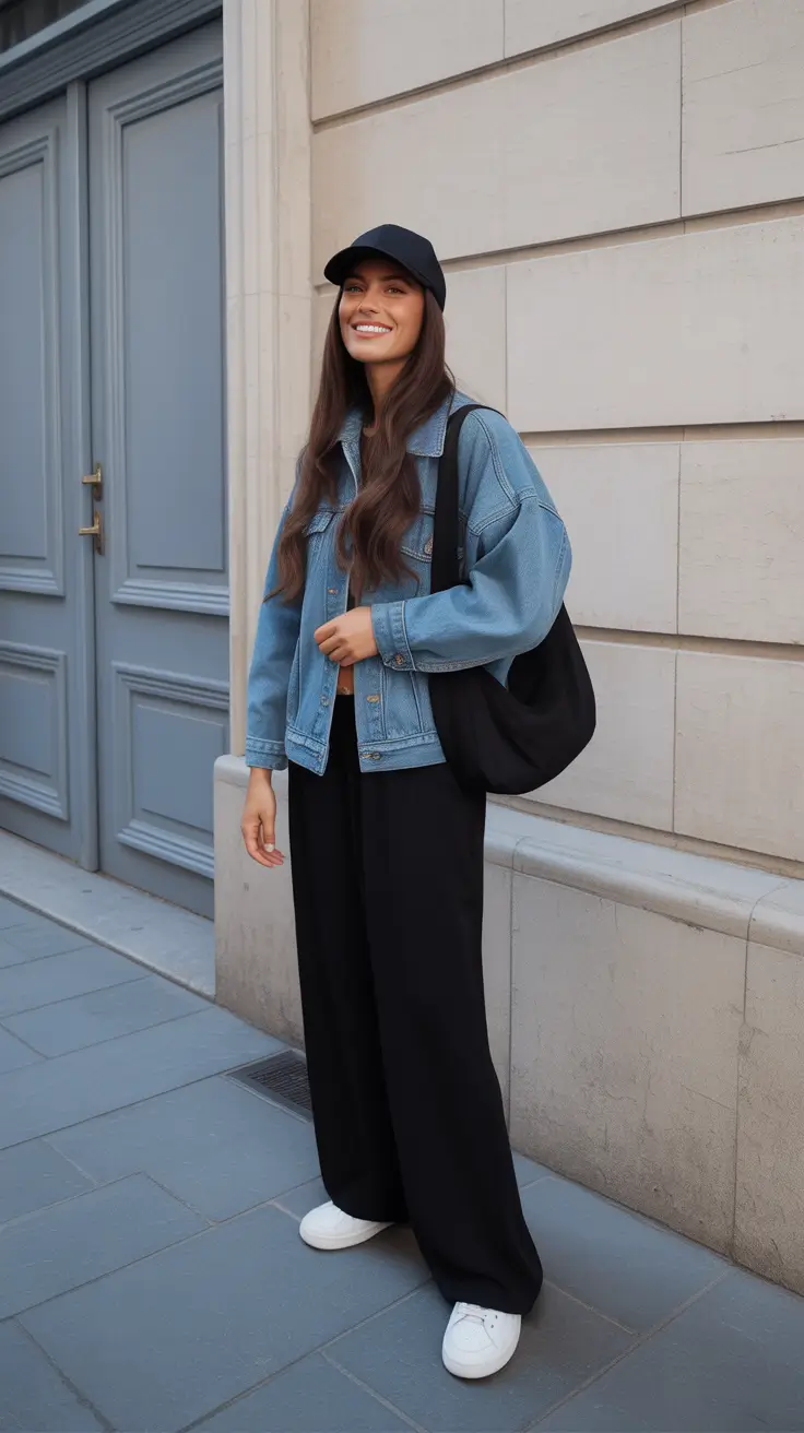 best spring outfit with a cap idea 2026 + Black Cap And Denim Jacket With Wide-Leg Black Pants