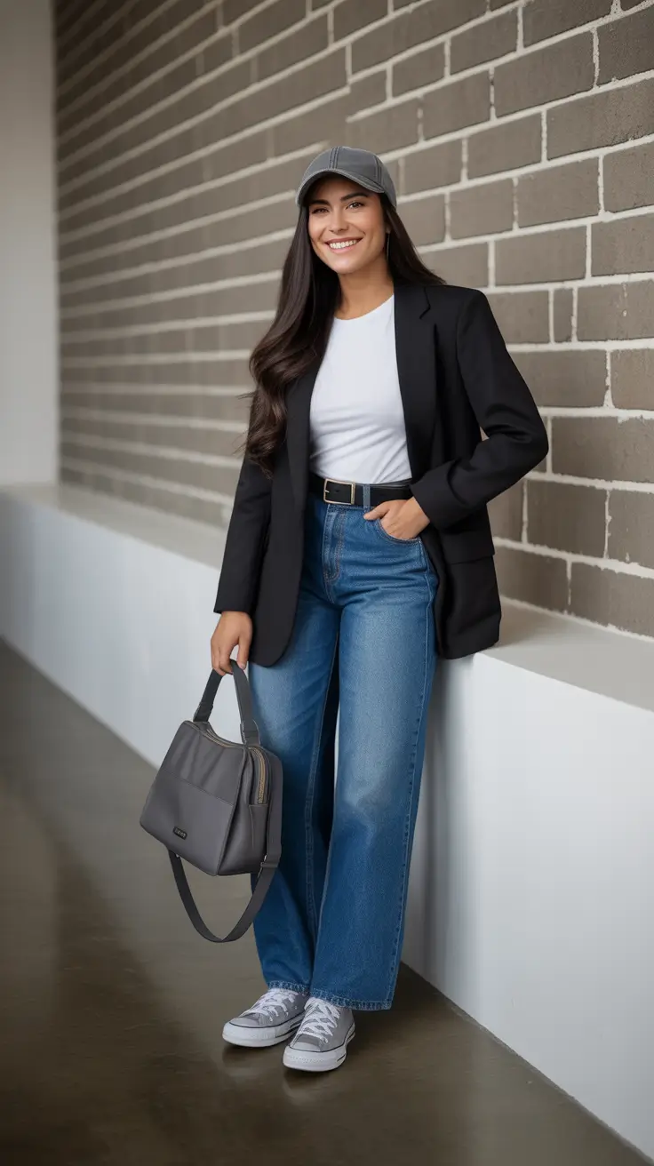 best spring outfit with a cap idea 2026 Smart Casual Blazer Energy With A Laid Back Cap