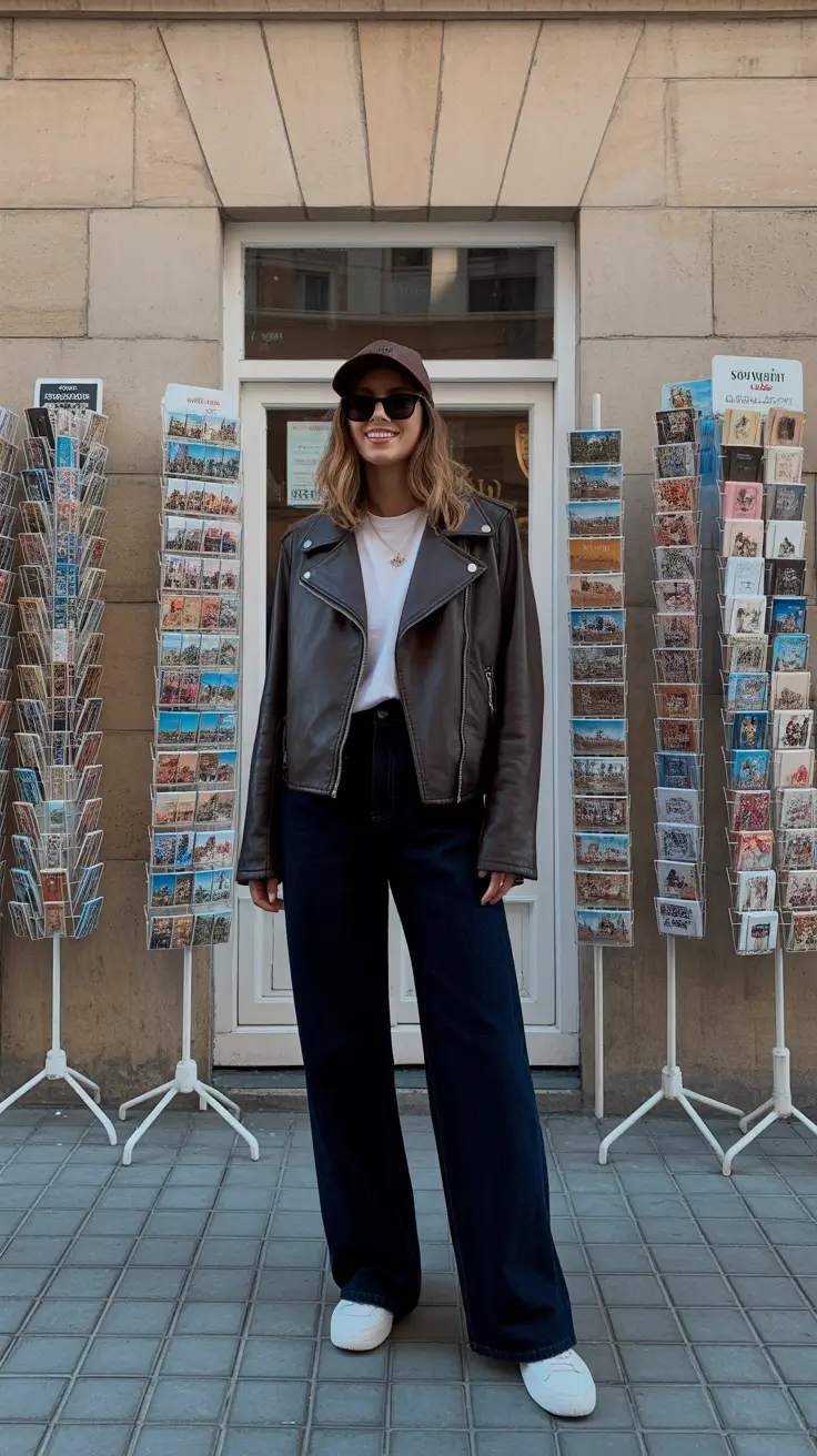 best spring outfit with a cap idea 2026 Brown Cap And Sunglasses With A Leather Jacket And Wide-Leg Jeans