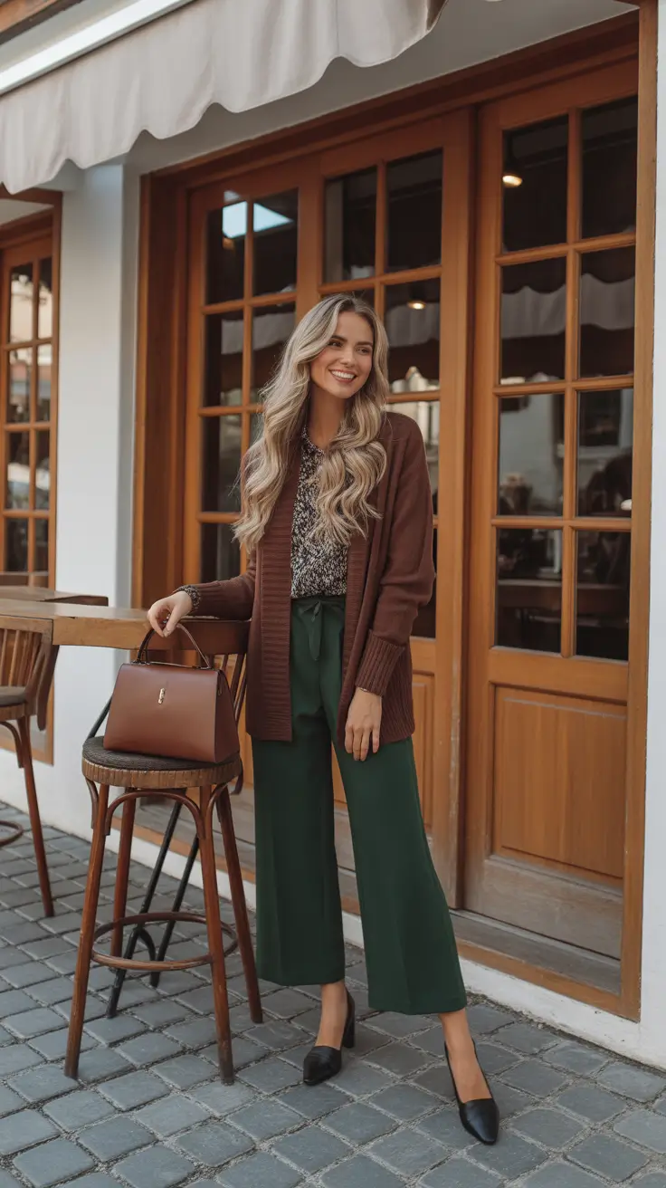 elegant spring outfits 2026 trends - Mocha Cardigan And Forest Wide Leg Trousers