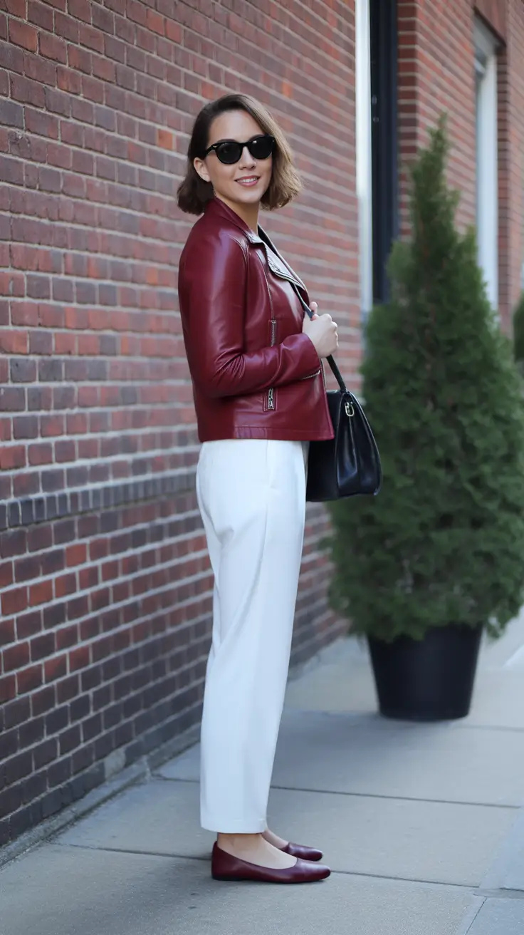elegant spring outfits 2026 trends - Burgundy Leather Jacket And Clean White Trousers