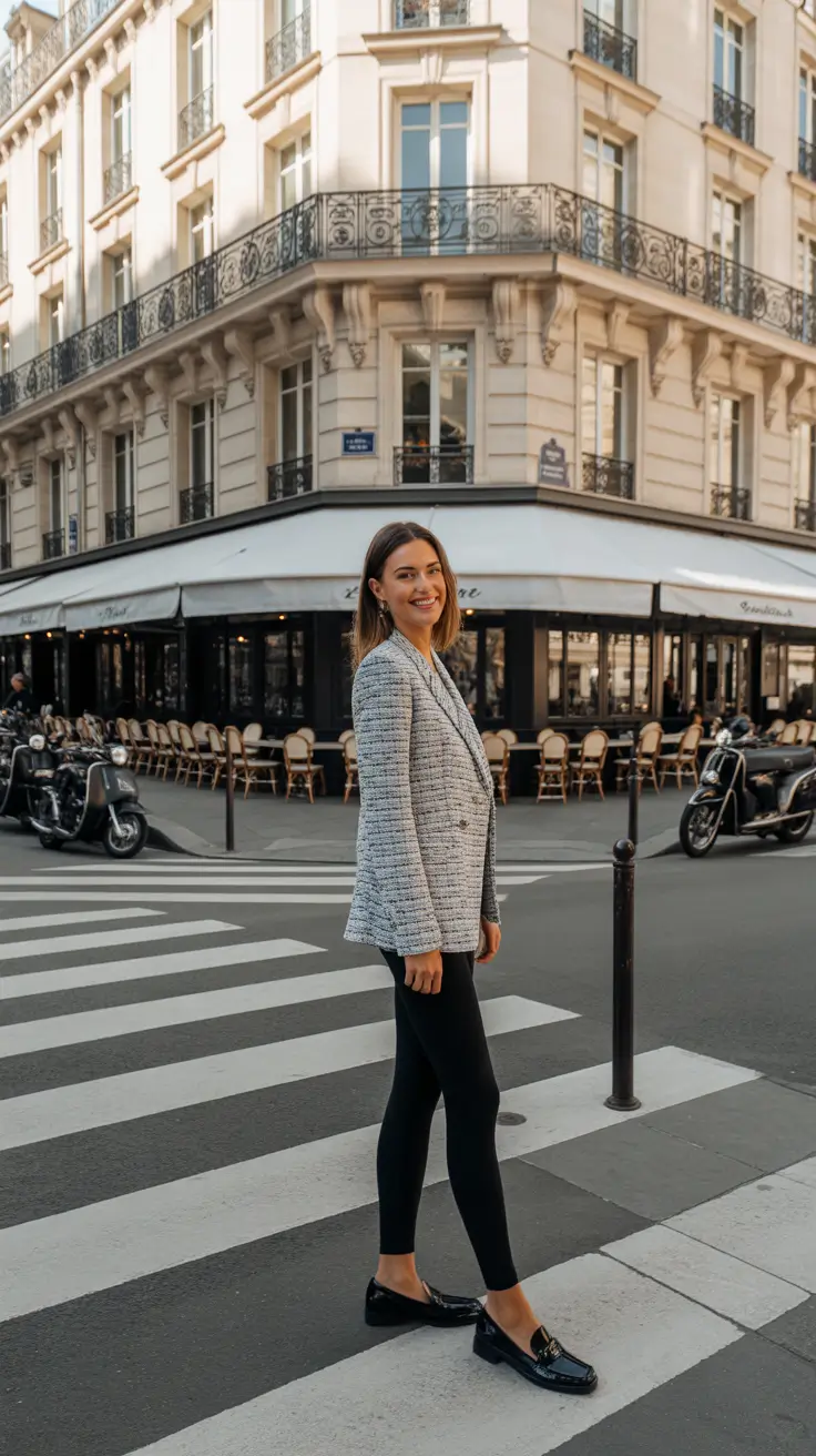 elegant spring outfits 2026 trends - Grey Tweed Blazer With Black Leggings And Loafers