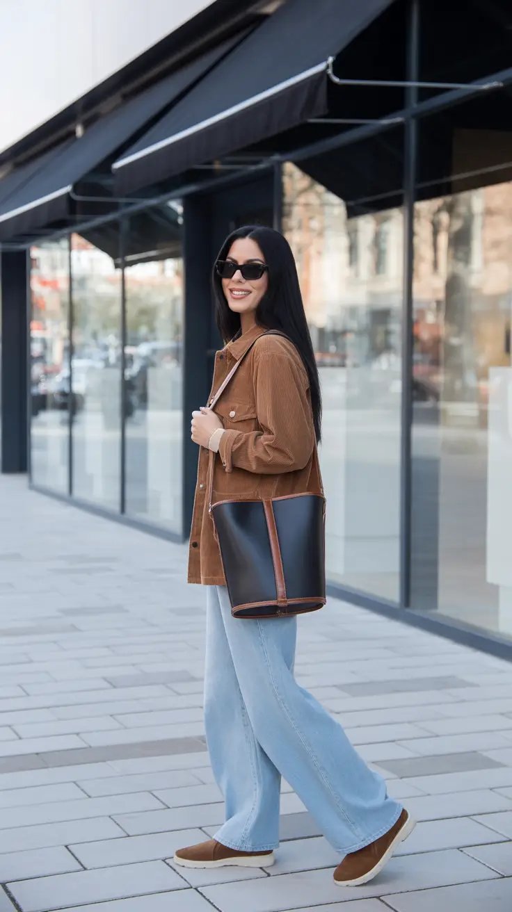 elegant spring outfits 2026 trends - Caramel Overshirt And Light Wash Wide Leg Denim