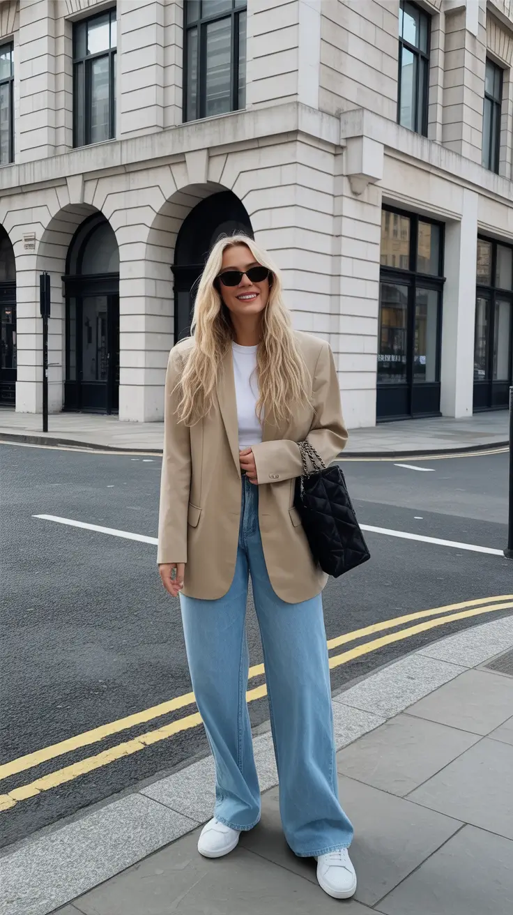 elegant spring outfits 2026 trends - Oversized Beige Blazer And Light Denim Off Duty Chic