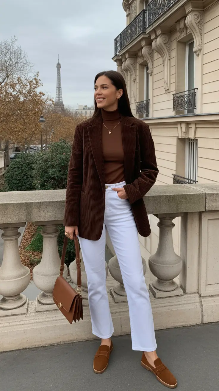 elegant spring outfits 2026 trends - Chocolate Corduroy Blazer And Crisp White Denim