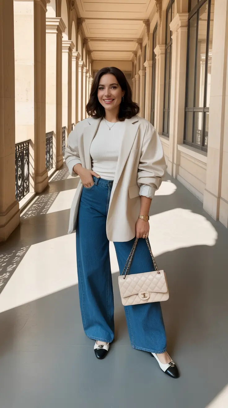 elegant spring outfits 2026 trends - Cream Oversized Blazer With Wide Leg Jeans And Cap Toe Flats