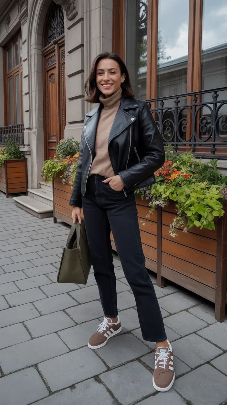 elegant spring outfits 2026 trends - Leather Jacket And Sneaker Chic For Early Spring