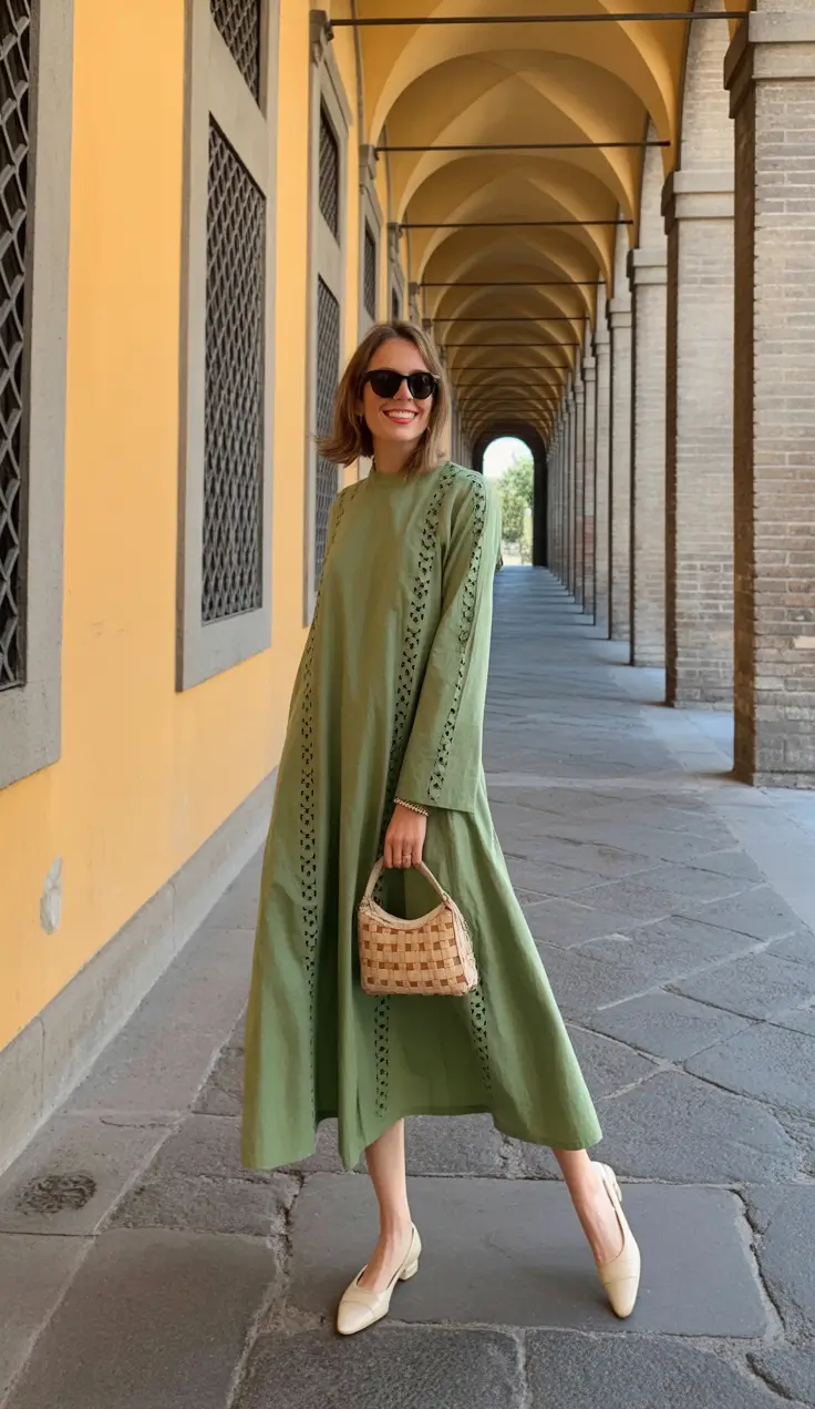 elegant spring outfits 2026 trends - Modest Sage Maxi Dress With Woven Bag Charm
