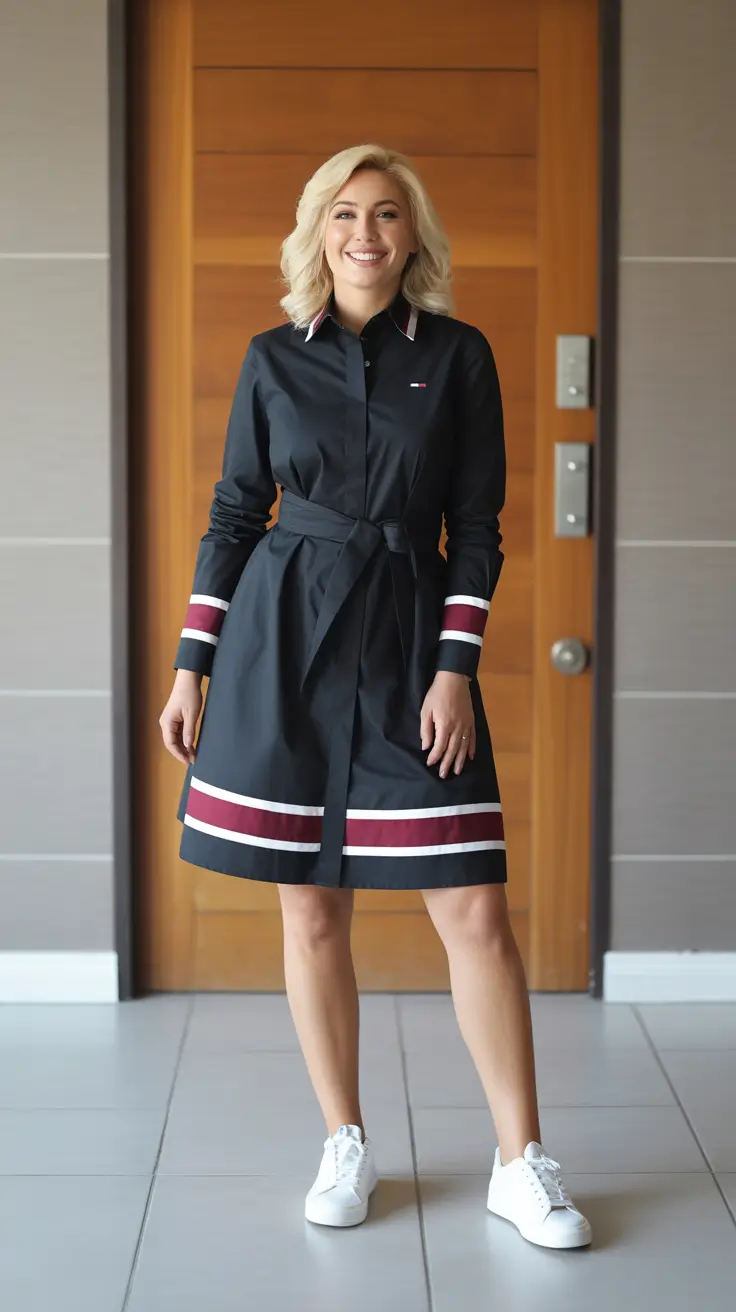 trendy spring outfits for women over 30 2026 - Sporty Navy Shirtdress With Belted Waist