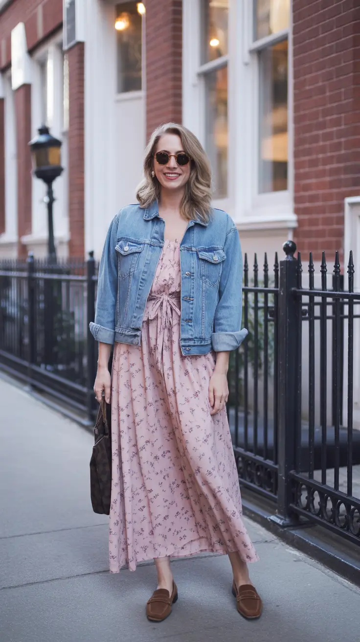 trendy spring outfits for women over 30 2026 - Floral Maxi Dress With A Relaxed Denim Jacket