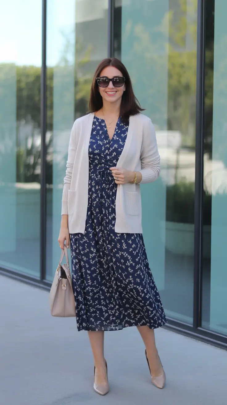 trendy spring outfits for women over 30 2026 - Soft Cardigan Over A Floral Midi That Moves