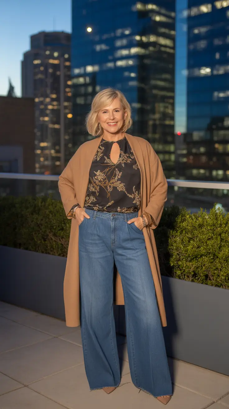 trendy spring outfits for women over 50 2026 - After Dark Spring Casual With Wide Leg Denim And A Drape Cardigan