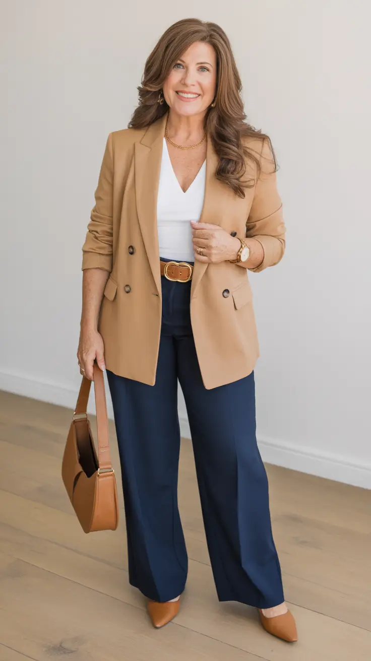 trendy spring outfits for women over 50 2026 - Camel Blazer And Navy Trousers For Polished Spring Confidence