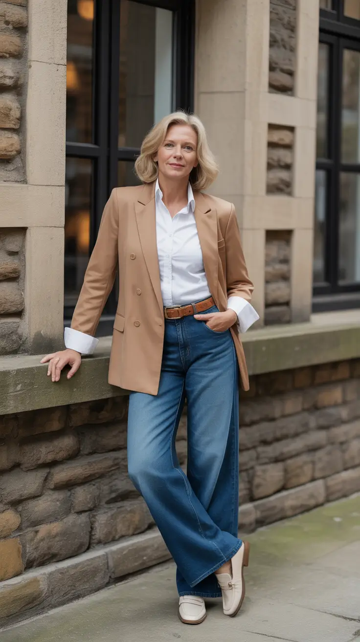 trendy spring outfits for women over 50 2026 - Classic Camel Blazer With Denim And White Loafers