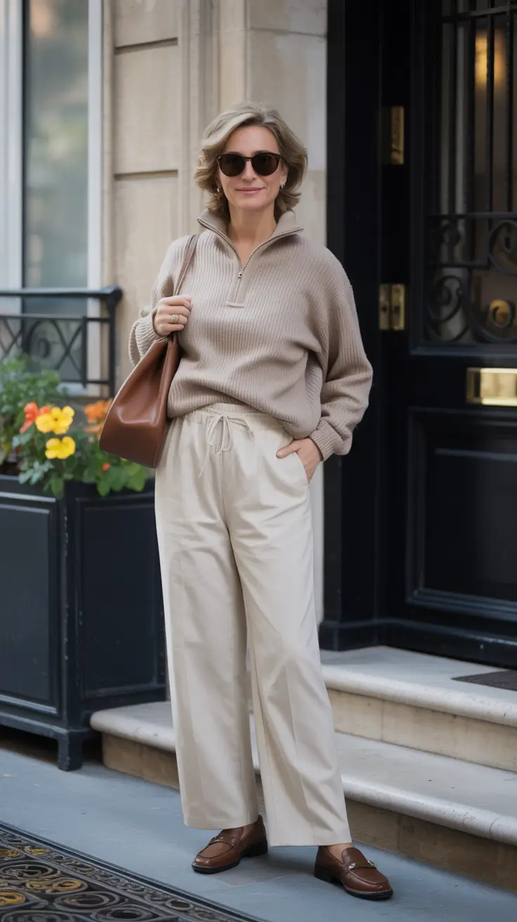 trendy spring outfits for women over 50 2026 - Half Zip Knit And Cream Wide Leg Pants For Quiet Luxury Errands