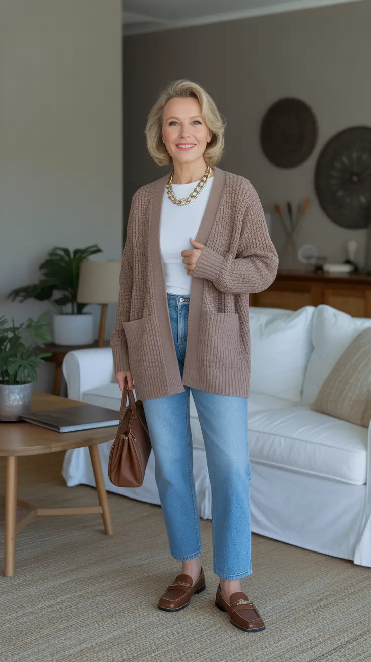 trendy spring outfits for women over 50 2026 - Chunky Cardigan And Straight Jeans For Cozy At Home Chic