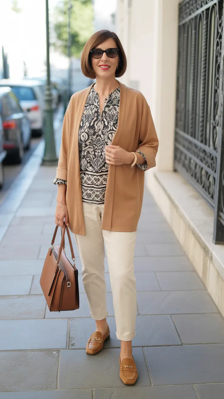 trendy spring outfits for women over 50 2026 - Camel Cardigan And Printed Top With Cropped Pants For Easy Street Style