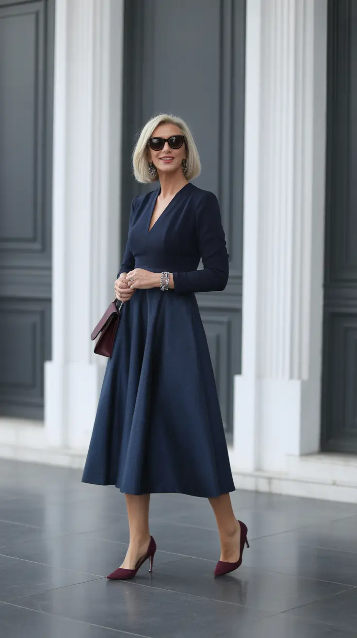 trendy spring outfits for women over 50 2026 - Navy Fit And Flare Dress With Burgundy Heels For Elegant Spring Events