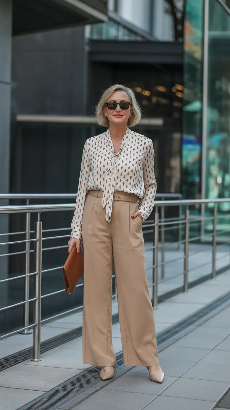 trendy spring outfits for women over 50 2026 - Neck Tie Blouse And Wide Trousers Office Polish