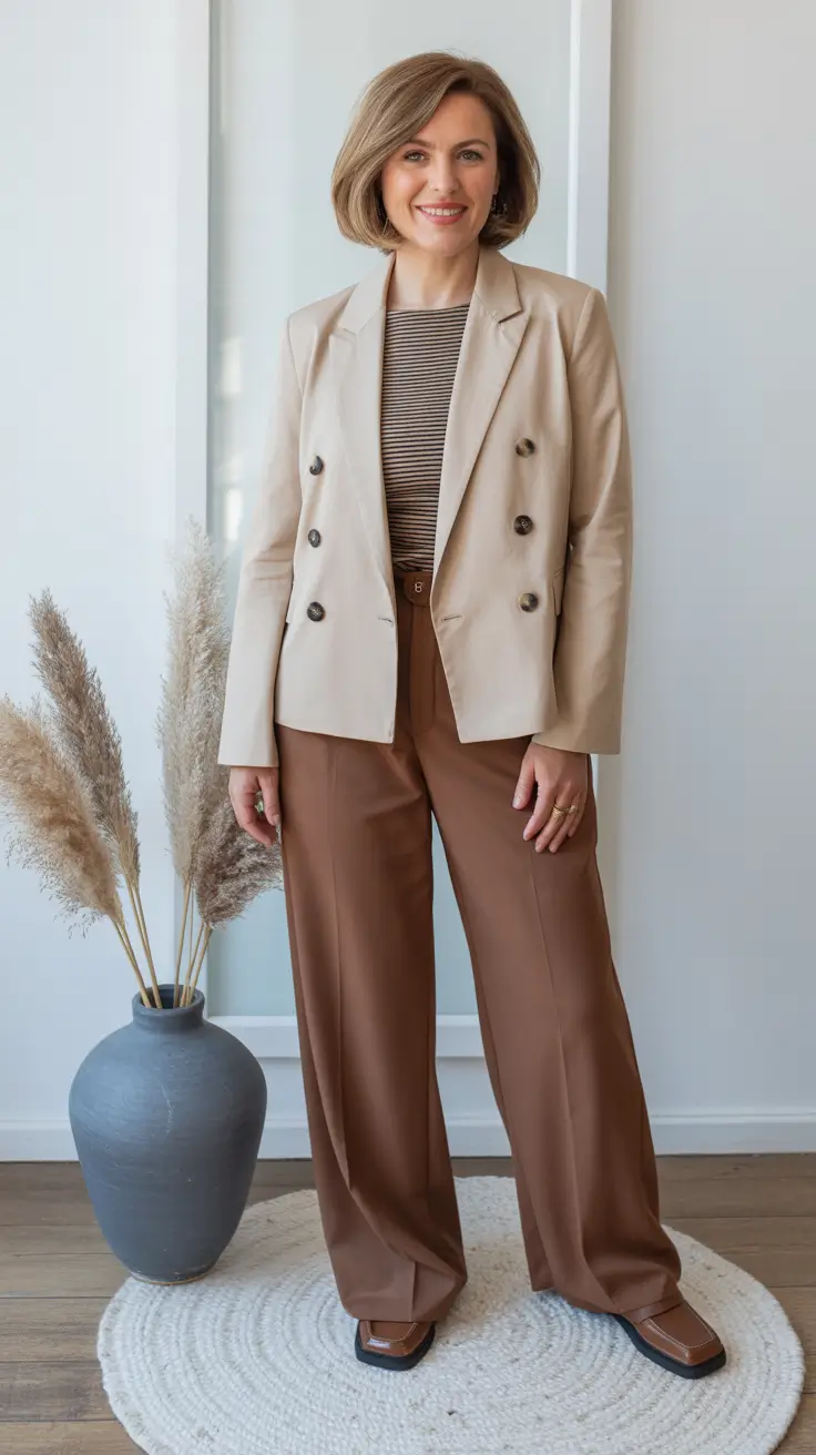 trendy spring outfits for women over 50 2026 - Light Blazer And Cocoa Trousers For Modern Neutral Chic