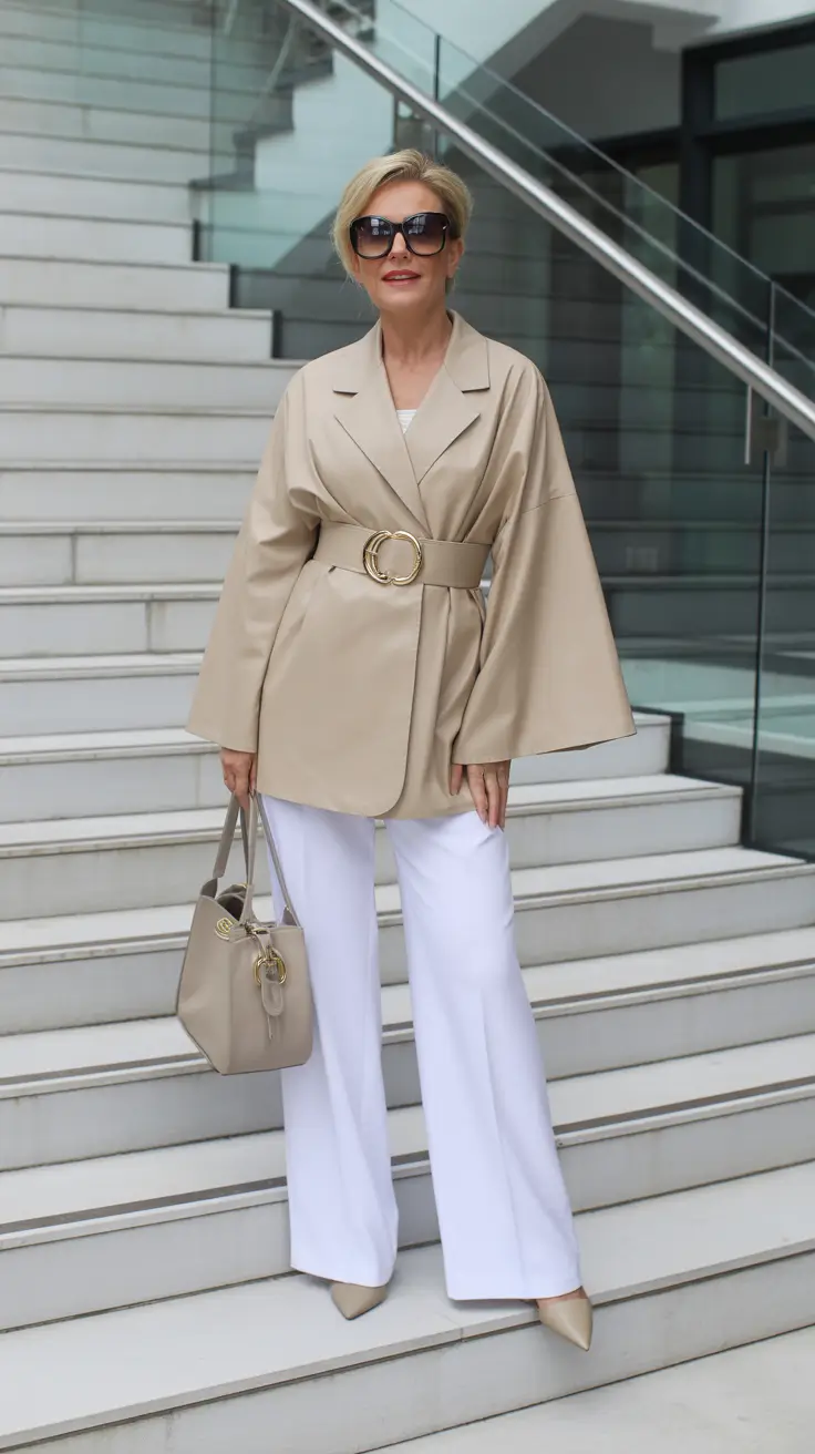 trendy spring outfits for women over 50 2026 - Soft Power Neutrals With A Belted Statement Jacket