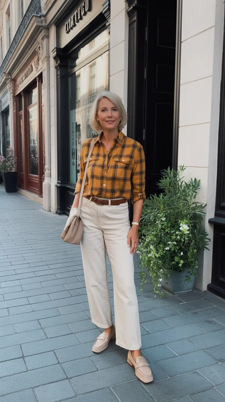 trendy spring outfits for women over 50 2026 - Mustard Plaid And Cream Denim For Weekend Wanders