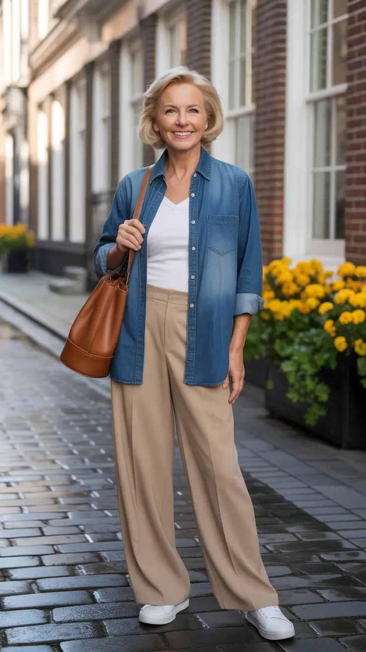 Trendy Spring Outfits for Women Over 60 2026 - Denim Shirt And Wide Leg Neutrals For Easy Spring Days