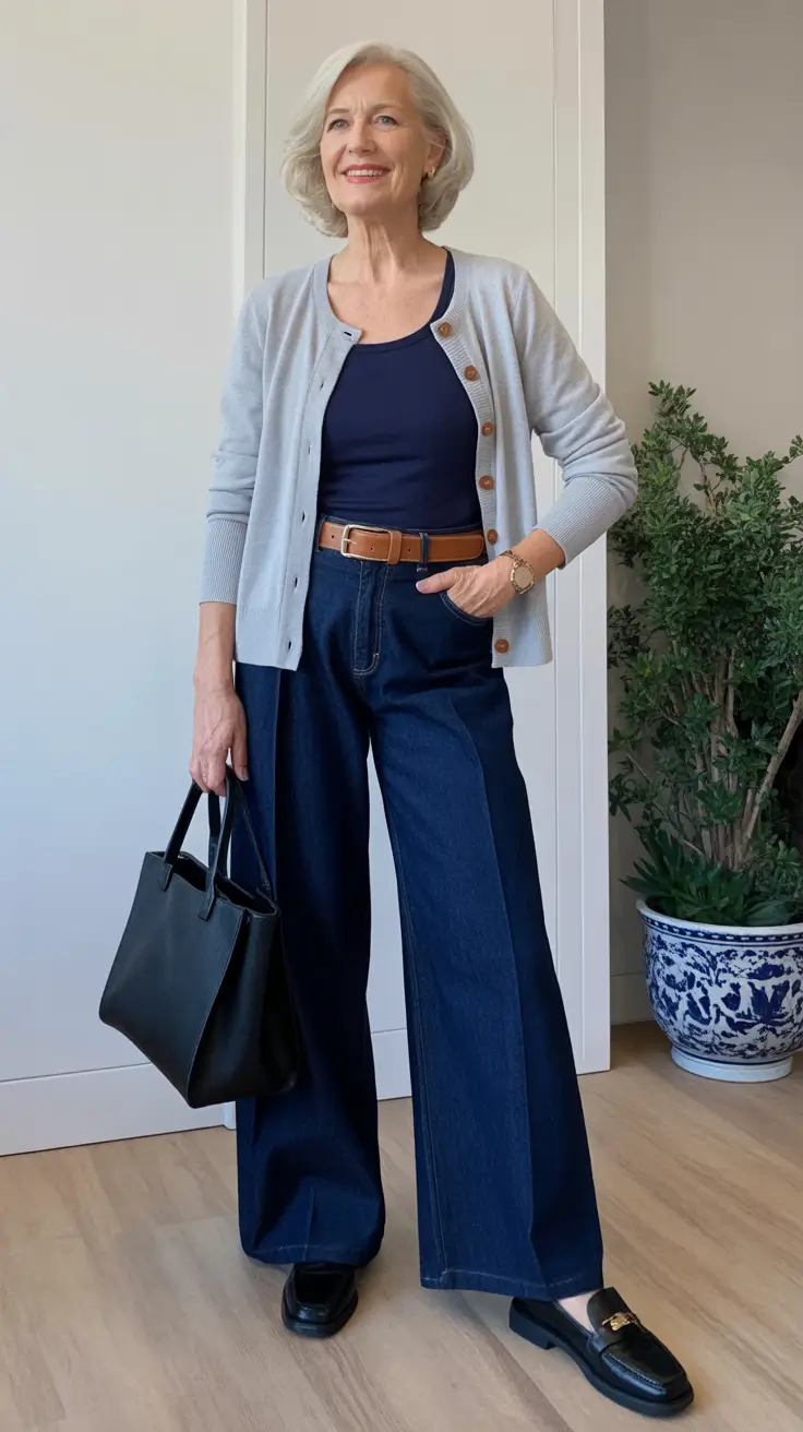 Trendy Spring Outfits for Women Over 60 2026 - Light Blue Cardigan With Dark Denim And A Belt