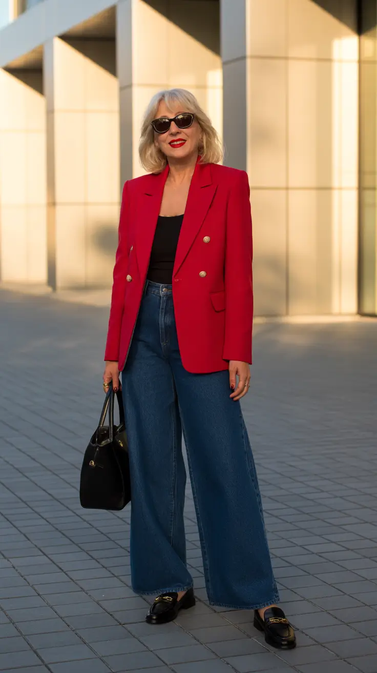 Trendy Spring Outfits for Women Over 60 2026 - Red Blazer And Wide Leg Denim For A Confident Spring Statement