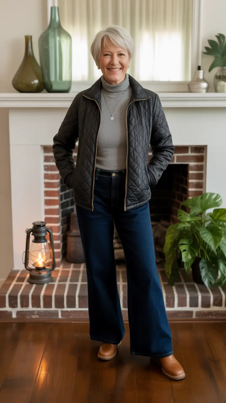 Trendy Spring Outfits for Women Over 60 2026 - Quilted Jacket And Turtleneck For Cozy Chic Spring Errands