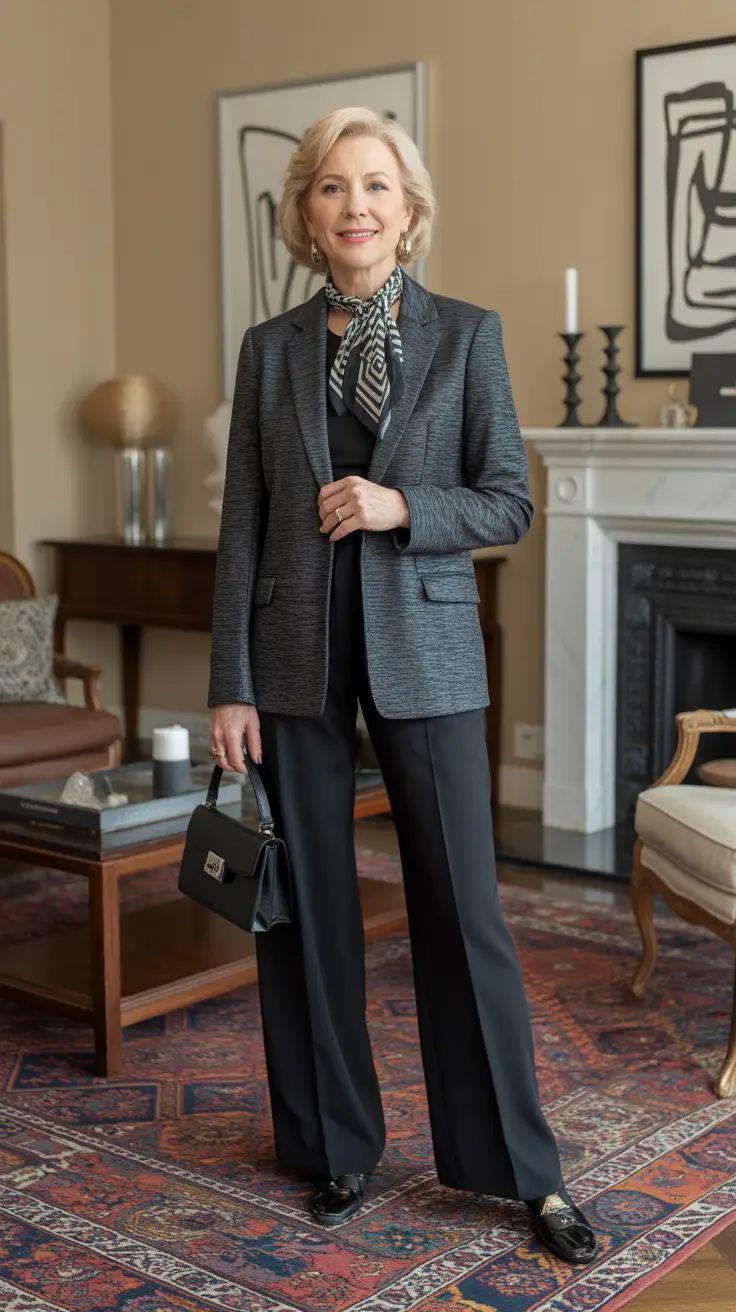 Trendy Spring Outfits for Women Over 60 2026 - Charcoal Blazer And Scarf Styling For Elegant Indoor Days
