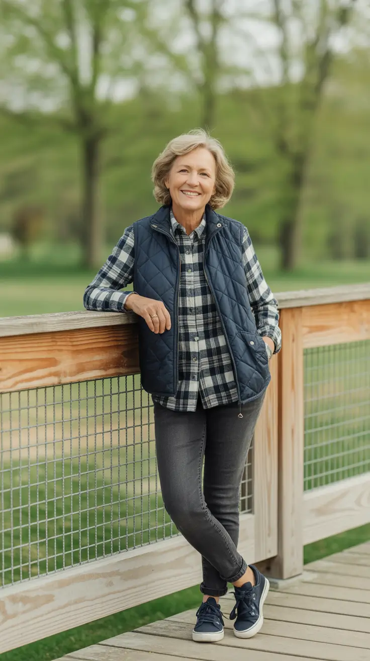 Trendy Spring Outfits for Women Over 60 2026 - Quilted Vest With Plaid Shirt And Sneakers