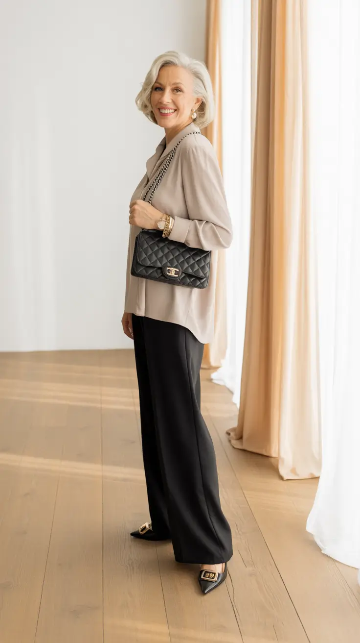 Trendy Spring Outfits for Women Over 60 2026 - Silky Taupe Blouse With Black Wide Leg Pants