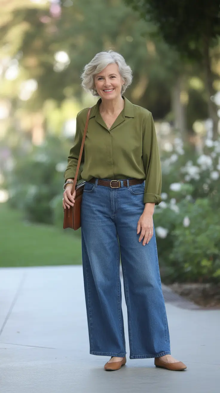 Trendy Spring Outfits for Women Over 60 2026 - Olive Button Front Blouse With Wide Leg Jeans