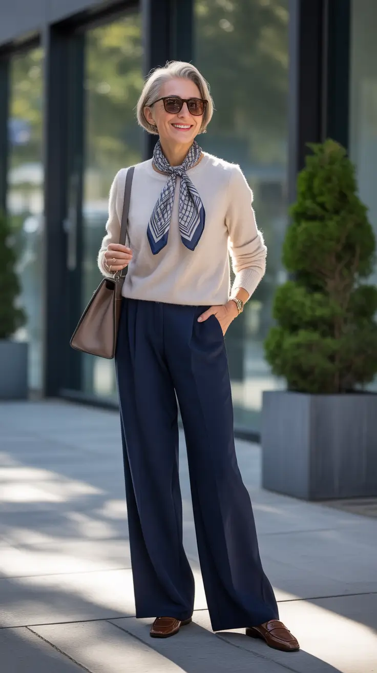 Trendy Spring Outfits for Women Over 60 2026 - Soft Knit And Silk Scarf With Navy Trousers For Classy Ease