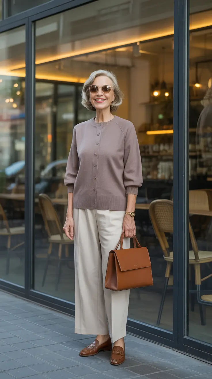 Trendy Spring Outfits for Women Over 60 2026 - Neutral Cardigan Set With Loafers For A Capsule Wardrobe Win