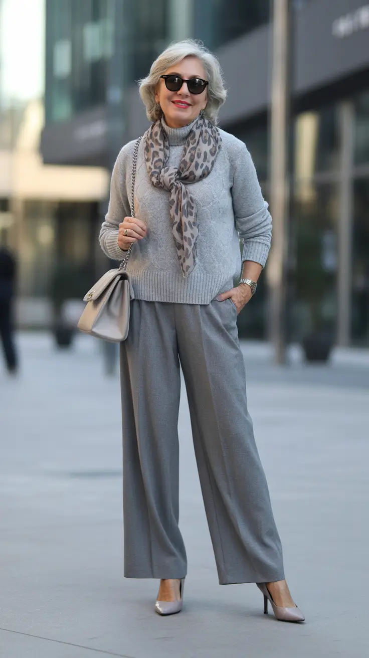 Trendy Spring Outfits for Women Over 60 2026 - Cool Gray Knit Set With A Leopard Scarf