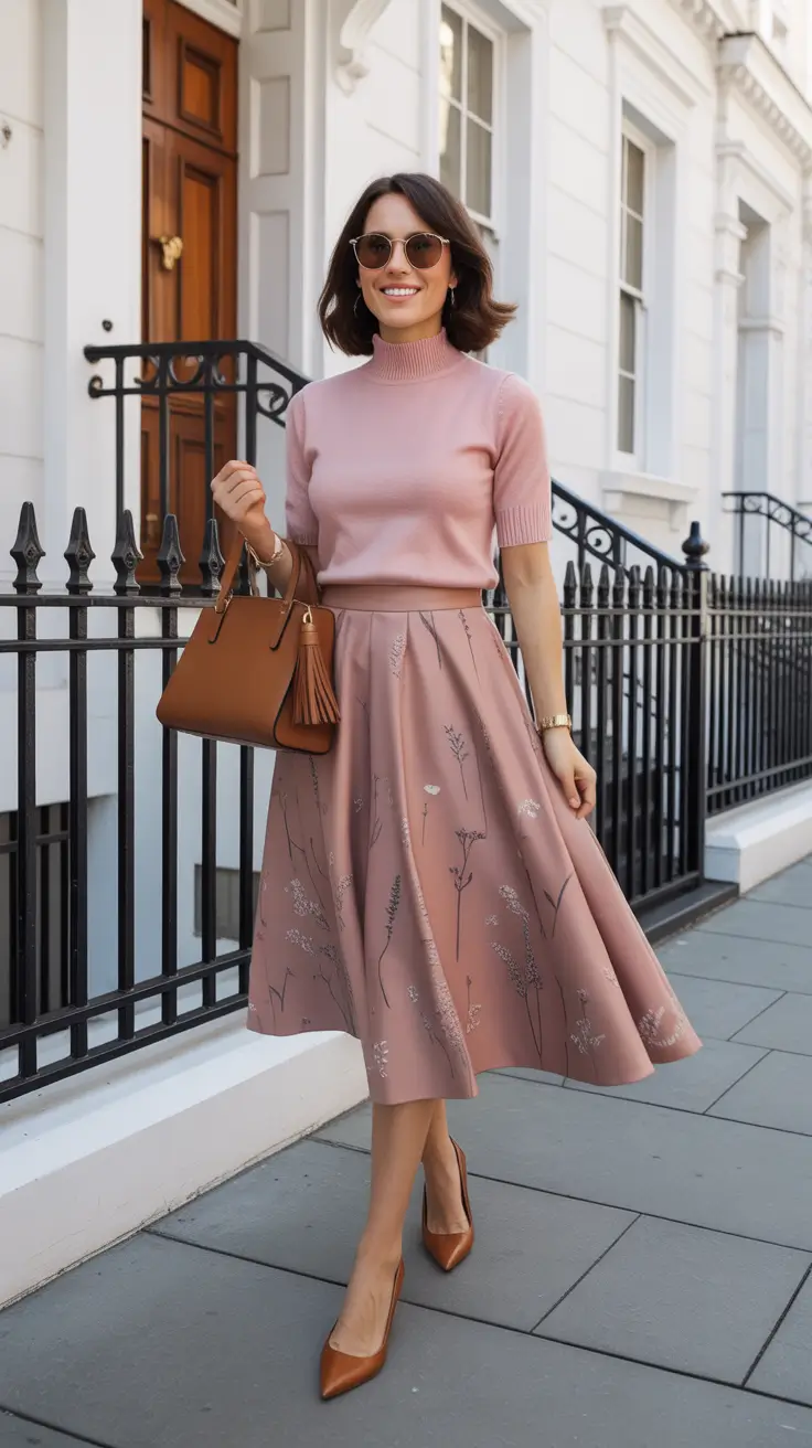 elegant spring skirt outfits 2026 - Blush Knit And Botanical Midi For A Soft Power Morning