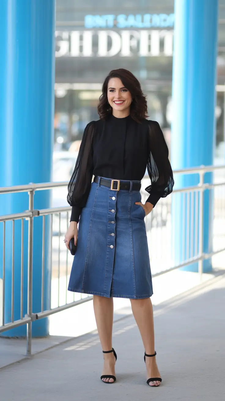 elegant spring skirt outfits 2026 - Sheer Sleeves And Denim Structure For City Smart Balance
