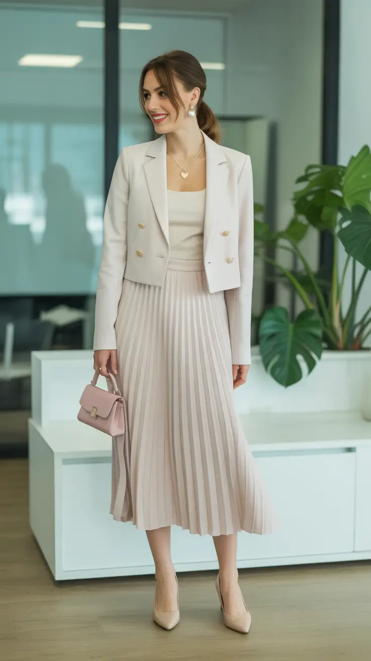 elegant spring skirt outfits 2026 - Blush Pleats And A Cropped Blazer For Office Softness