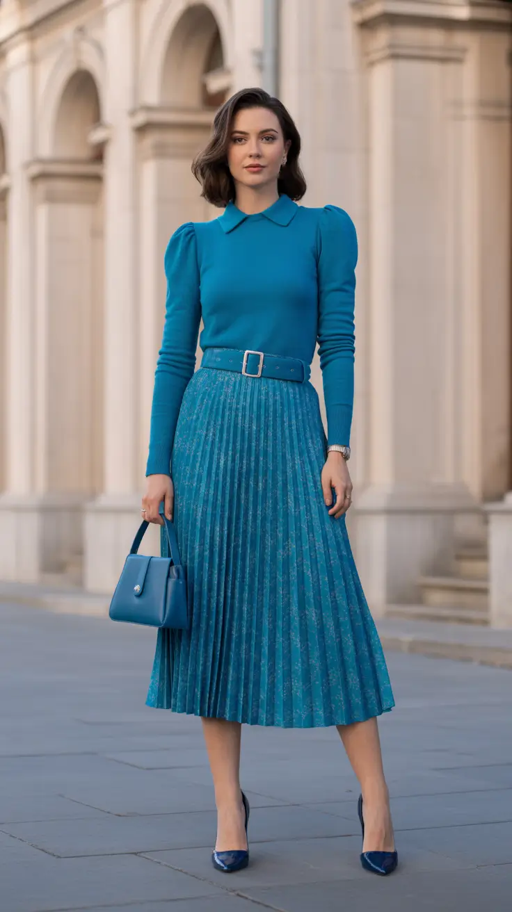elegant spring skirt outfits 2026 - Teal Monochrome Pleats For A Bold Elegant Moment