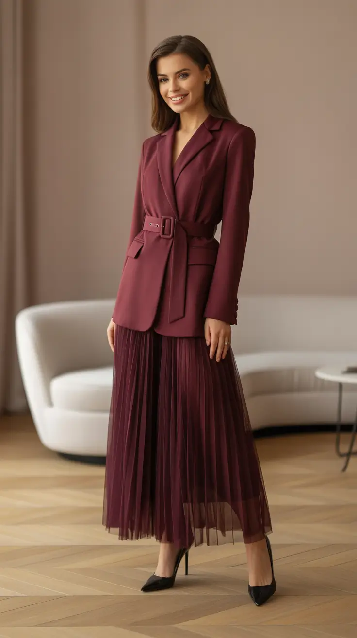 elegant spring skirt outfits 2026 - Burgundy Belted Blazer And Sheer Pleats For Grown Up Drama
