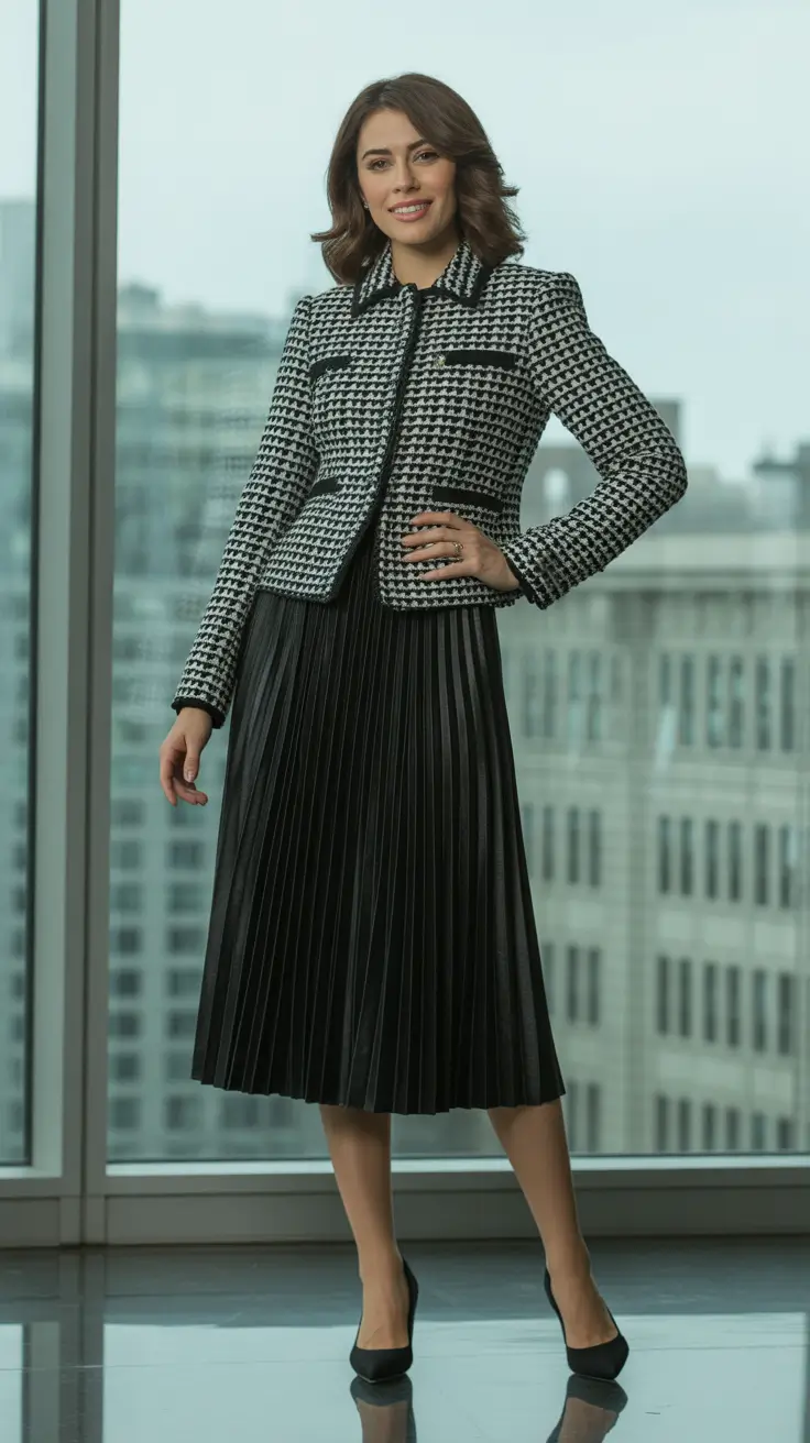 elegant spring skirt outfits 2026 - Houndstooth Jacket And Black Pleats For Crisp Spring Meetings