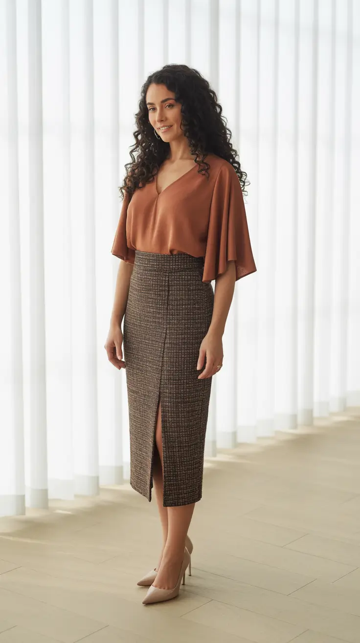 elegant spring skirt outfits 2026 - Cinnamon Blouse And Tweed Pencil For Warm Neutral Elegance
