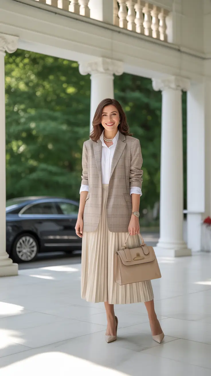 elegant spring skirt outfits 2026 - Checked Blazer And Cream Pleats For Polished Daylight Errands