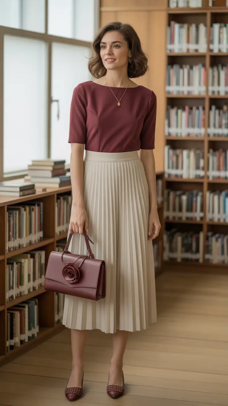 elegant spring skirt outfits 2026 - Burgundy Top And Ivory Pleats For Library Quiet Luxury