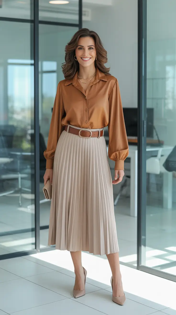 elegant spring skirt outfits 2026 - Copper Satin Shirt And Pleated Neutrals For Modern Office Ease