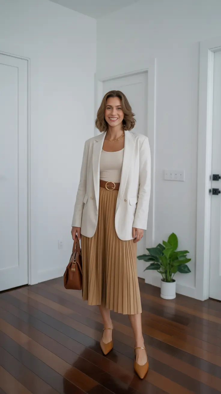 elegant spring skirt outfits 2026 - Ivory Blazer And Camel Pleats For Easy Business Casual Days
