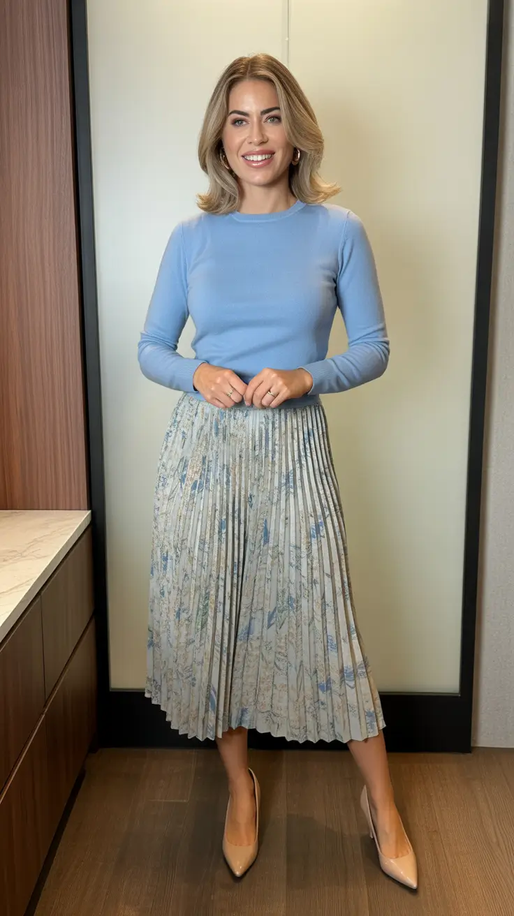 elegant spring skirt outfits 2026 - Sky Blue Knit And Soft Print Pleats For Breezy April Days
