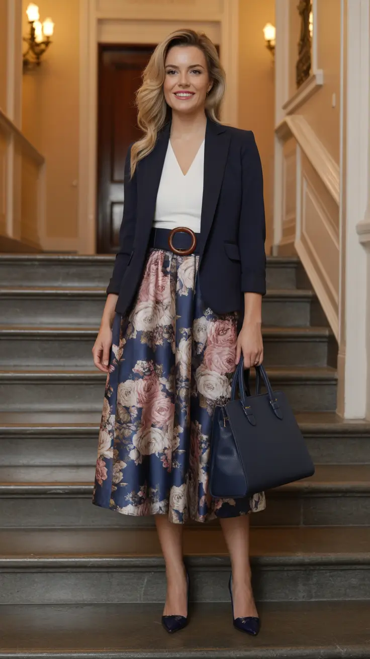 elegant spring skirt outfits 2026 - Navy Blazer And Rose Print Midi For Polished Weekend Plans